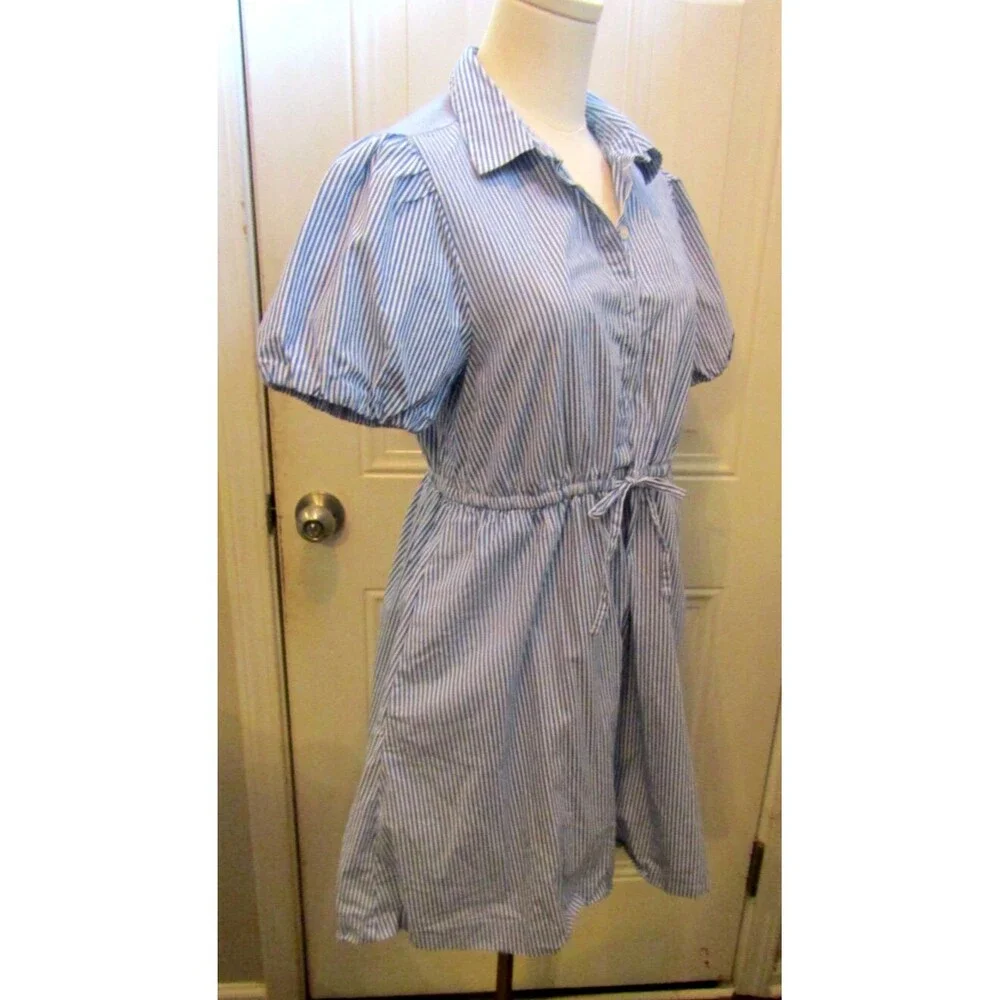 J.Crew Factory Mini Dress Blue White Striped Collar Draw String Waist Size 8